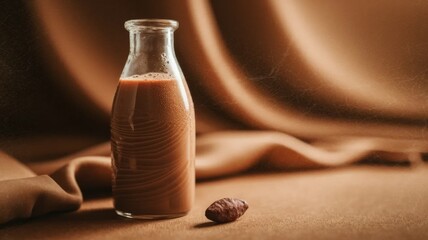 Obraz premium Chocolate Milk in Glass Bottle with Cocoa Powder, Minimal Food Photography with Brown Background