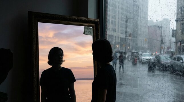 A solitary figure stands before a mirror, reflecting a serene sunset over a body of water, contrasting with the rainy cityscape outside