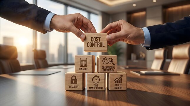 Executives Stacking Cost Control and Efficiency Wooden Blocks