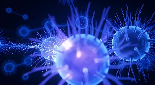 Close up illustration of a virus cell with spikes and viral infection