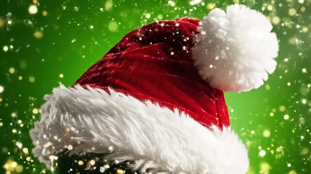Festive Santa hat with falling snow and bokeh lights, celebrating the magic of Christmas