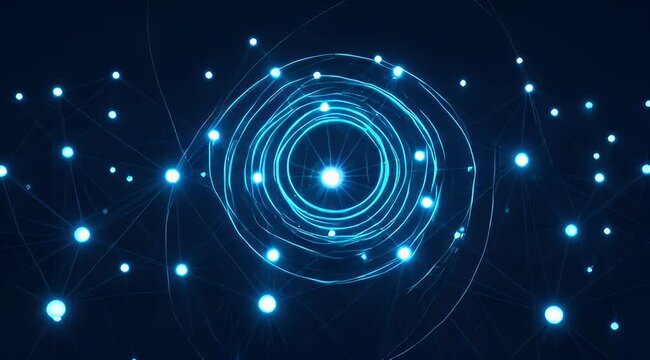 Futuristic glowing blue network with interconnected nodes forming circular patterns