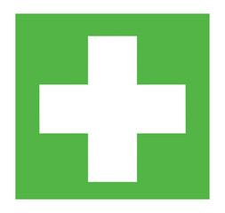 Obraz premium A simple graphic of a white cross centered on a solid green square background, commonly recognized as a first aid or medical symbol.