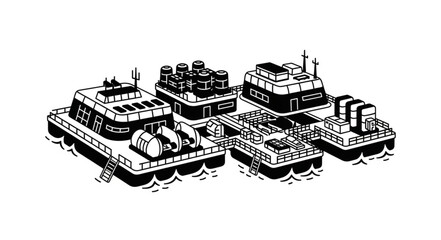 Floating Structures - A Detailed Black and White Illustration. © Cuhh