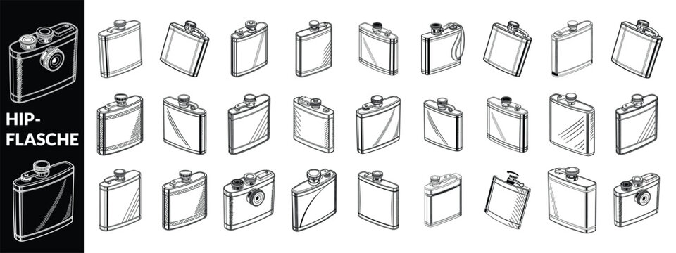 Hip-Flasche auf schwarzem  Hintergrund Vector illustration of a minimal hip flask or pocket bottle with a secured cap in two styles a dark gray colored version and a black and white outline drawing