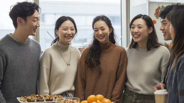 Casual office coffee break with young coworkers sharing homemade cookies and drinks in bright modern workplace