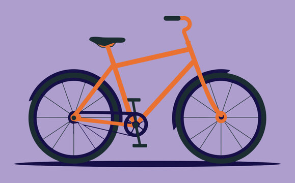 Simple orange bicycle illustration on a purple background, side view of a two-wheeled vehicle for leisure and transport.