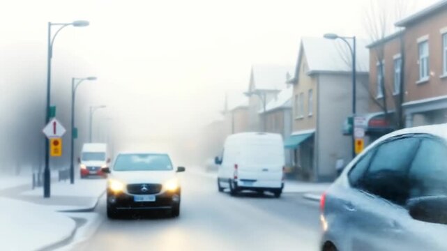 Vehicles driving on a snowy street through a misty environment