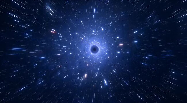 Deep space cosmic tunnel effect depicting a black hole with glowing streaks