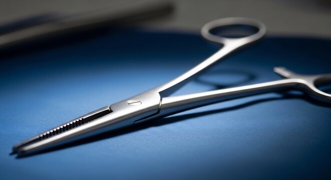 Close up of surgical hemostat clamp on a blue surface.