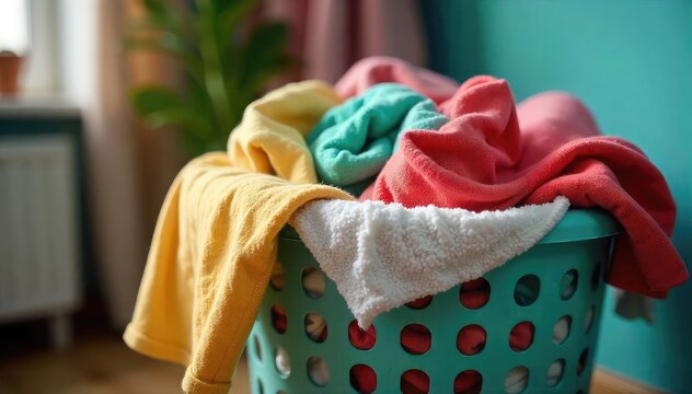 A single laundry basket overflowing with clothes, ready to be washed Soft lighting highlights the colorful fabrics and textures A scene of everyday domestic life , cotton, washing machine, socks