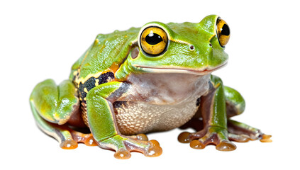 Fototapeta premium Vibrant Frog Portrait: A captivating close-up of a bright green frog, its textured skin gleaming, showcasing its expressive eyes and unique markings.