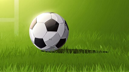 Fototapeta premium Single soccer ball resting on vibrant grass near a goalpost in tournament setting
