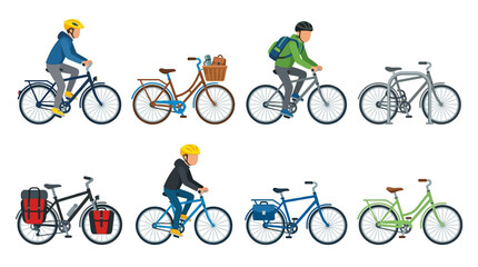 Fototapeta premium Vector illustration of people riding bicycles in a park with various colorful bikes and gear