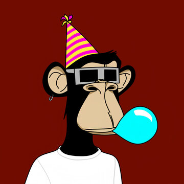 Trendy Cartoon Ape Character with Party Hat and Sunglasses Blowing Bubble Gum, Modern NFT Style Illustration