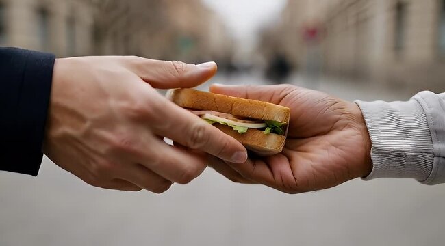 A sandwich exchange taking place in an urban environment with outstretched hands