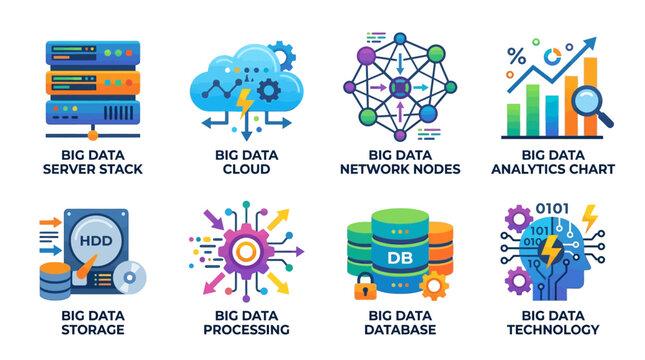 Vector graphics illustrate big data technology concepts with server stack, cloud, network nodes, analytics chart, storage, processing, database, and technology elements.