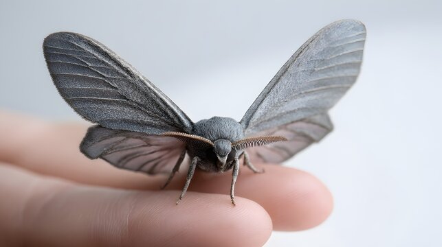 A person gently holding a small gray moth with its wings spread wide on their fingertip