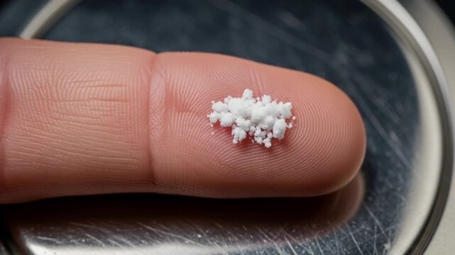 fentanyl,Macro shot of a tiny pile of white powder on a fingertip, representing a lethal dose of potent synthetic drugs or toxic chemicals.
