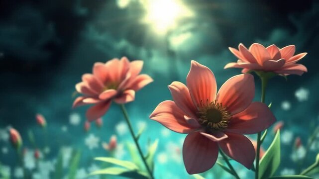 Vibrant flowers with sunlight streaming through clouds in nature scene