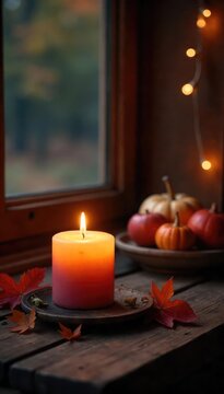 Cozy autumn evening scene featuring a flickering hearth candle casting a warm glow on a rustic wooden surface  Perfect for fall, home decor, and relaxation themes ,  wooden,  flame,  tranquility