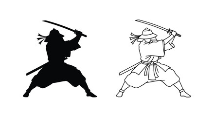 Fototapeta premium Two samurai warriors in action poses one a dark silhouette