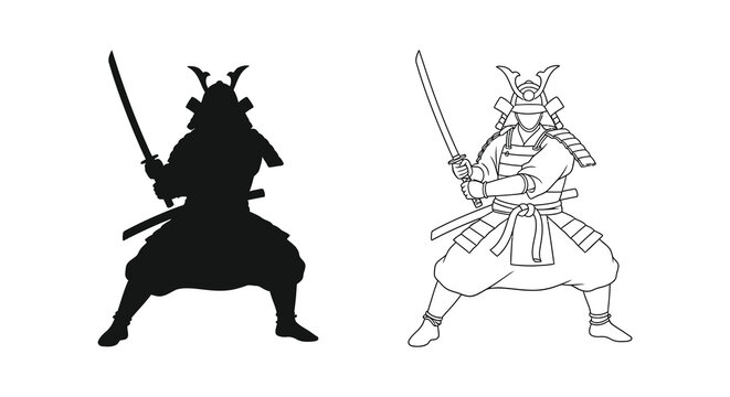 Two samurai warriors one in silhouette and one in line art facing each other silhouette