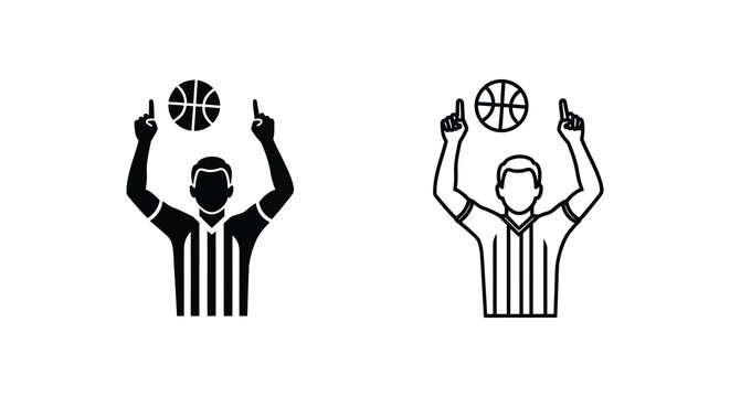 Two basketball referees signaling fouls with raised hands black and white silhouette