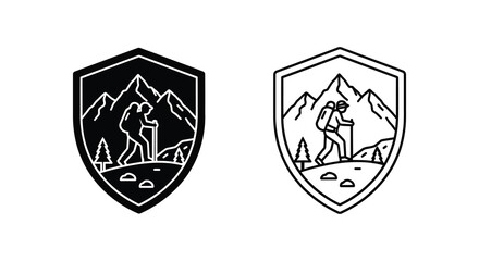 Obraz premium Two shield shaped emblems depicting hikers in mountainous terrain a black silhouette