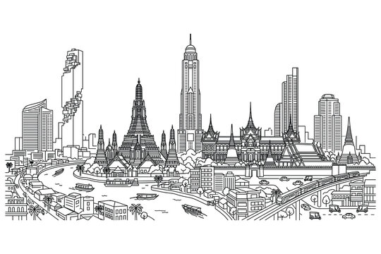 Bangkok Cityscape: A detailed line drawing showcases the iconic skyline of Bangkok, Thailand, featuring intricate architectural details and the Chao Phraya River.