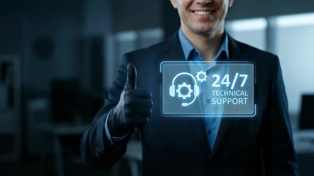 A professional man interacts with a holographic AI interface in a modern office, with a slow pan across the scene highlighting digital analytics and ambient lighting in a cinematic style.