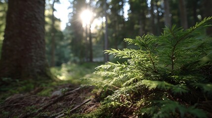 Obraz premium A young green seedling grows in a sun d d forest clearing bathed in golden light