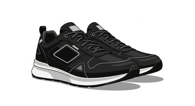 Pair of Black and White Athletic Sneakers on White Background.