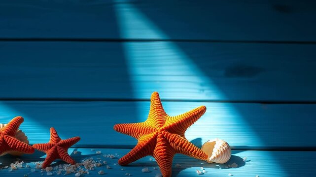 Vibrant orange starfish on blue surface with shells and textured background