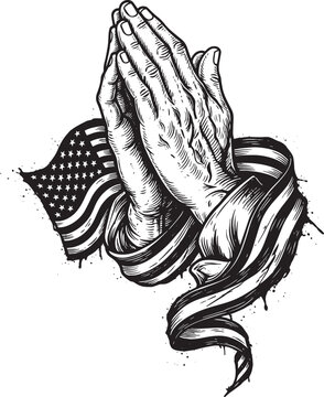 Religious Patriotic Design of Praying Hands with US Flag Ribbon