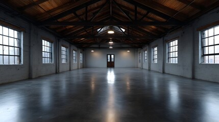 Naklejka premium Spacious empty industrial loft interior with exposed wooden beams polished concrete floor and large