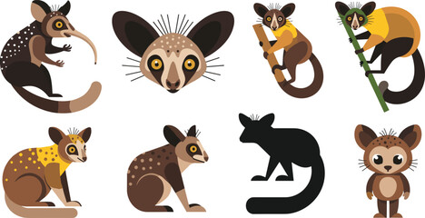 Cute Cartoon Aye Aye Lemur Character Set with Different Poses, Exotic Nocturnal Animal Collection for Wildlife Illustration, Kids Design and Mascot Graphics © Selina
