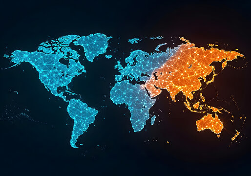 Glowing world map with digital dots and connections