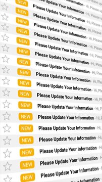 Please Update Your Information email notifications appear in large numbers across a digital screen. represents online alerts, data updates, or potential phishing scams.