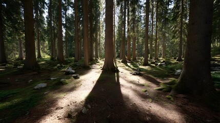 Fototapeta premium Sunlight streams through tall trees casting long shadows on a forest floor with moss and rocks