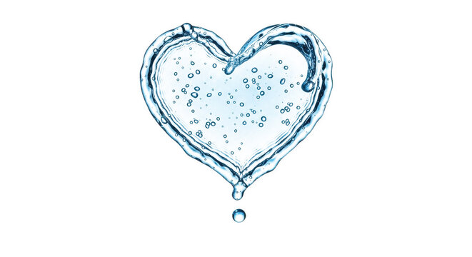 Heart shaped water splash on transparent background with bubbles