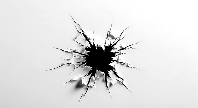 Dramatic visual of destructive impact, showcasing intricate bullet holes in paper with sharp, radiating tears.