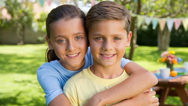 Smiling siblings hugging in a sunny garden during an outdoor family celebration