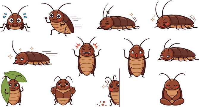 Cute Cockroach Cartoon Character Set Showing Different Emotions, Expressions, and Poses for Pest Mascot Design, Sticker Collection, and Vector Illustration Pack