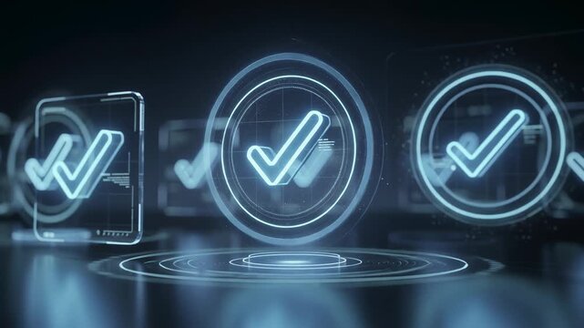 Futuristic holographic interface with glowing 3D check marks in vibrant digital technology background
