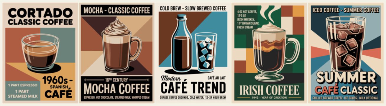Vintage coffee posters show classic brews. Each design evokes 1950s charm and cafe culture. Mocha, Irish, and summer classics are featured. Bold fonts and retro colors capture nostalgic appeal