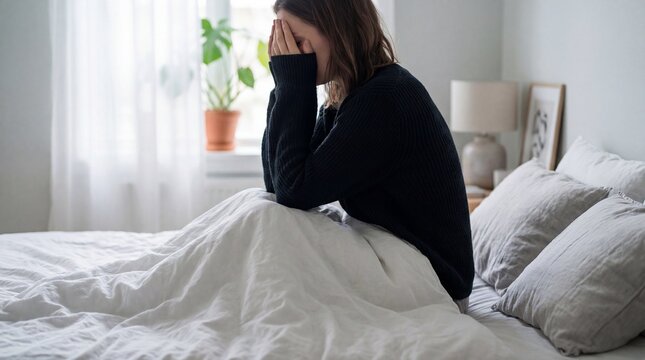 Woman sitting on bed feeling sad and depressed alone