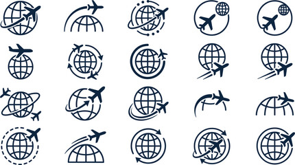 Airplane and Globe Line Icon Set with Flight Routes, Global Travel Symbols and Aviation Navigation Elements for Modern Transportation Design © Romana