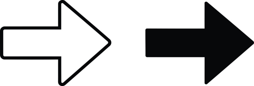 Two distinct arrow icons representing a hollow outline version and a solid filled black version Vector