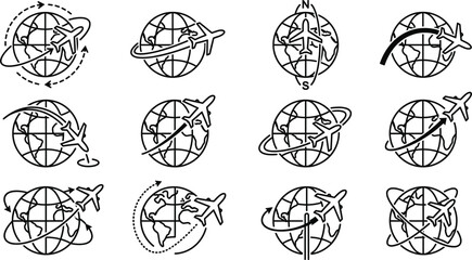 Airplane Orbiting Globe Line Icon Set with Flight Paths, Navigation Routes and International Travel Aviation Symbols for Global Transport Design © Romana